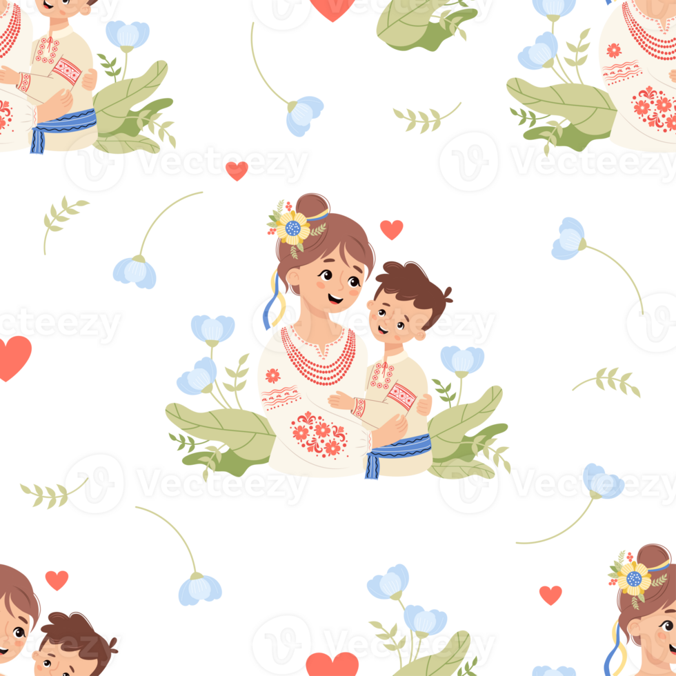 Seamless pattern with happy Ukrainian woman with son png