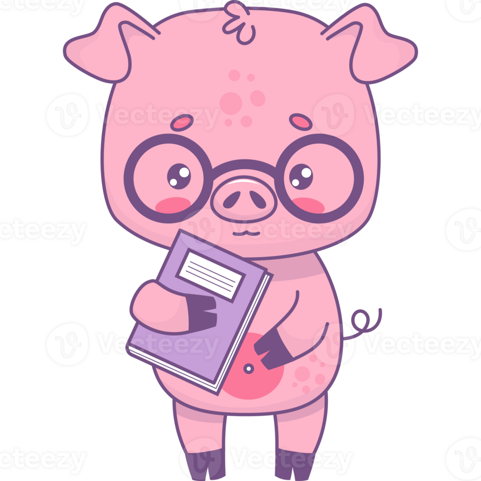 Cute smart pig in glasses with book png