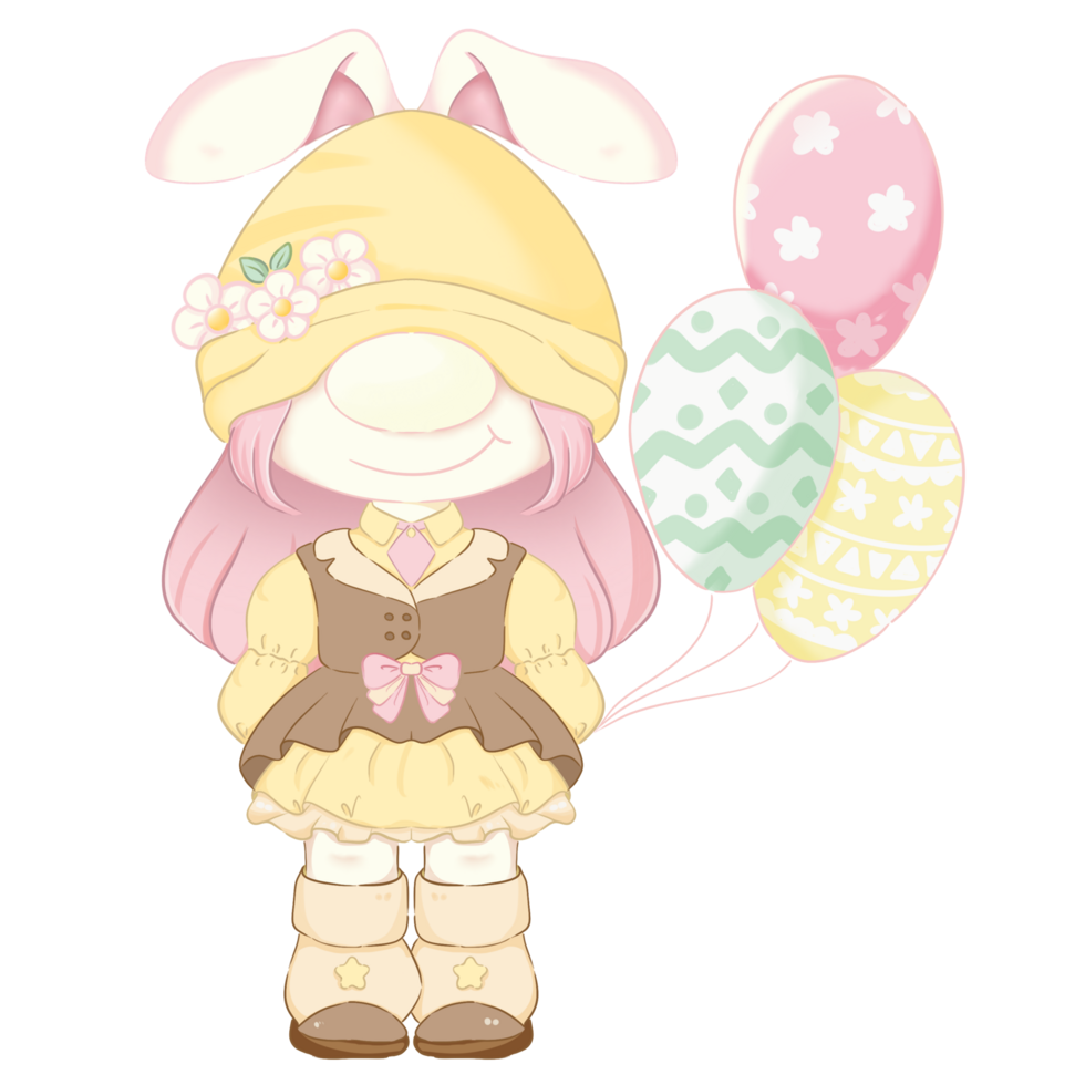 a gnome girl wearing a bunny hat and holding balloons. png