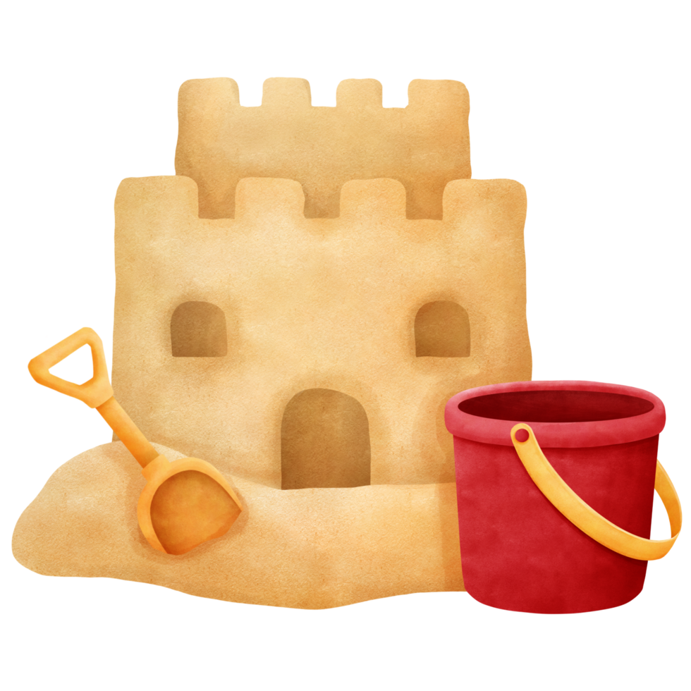 Sand castle with bucket and shovel png