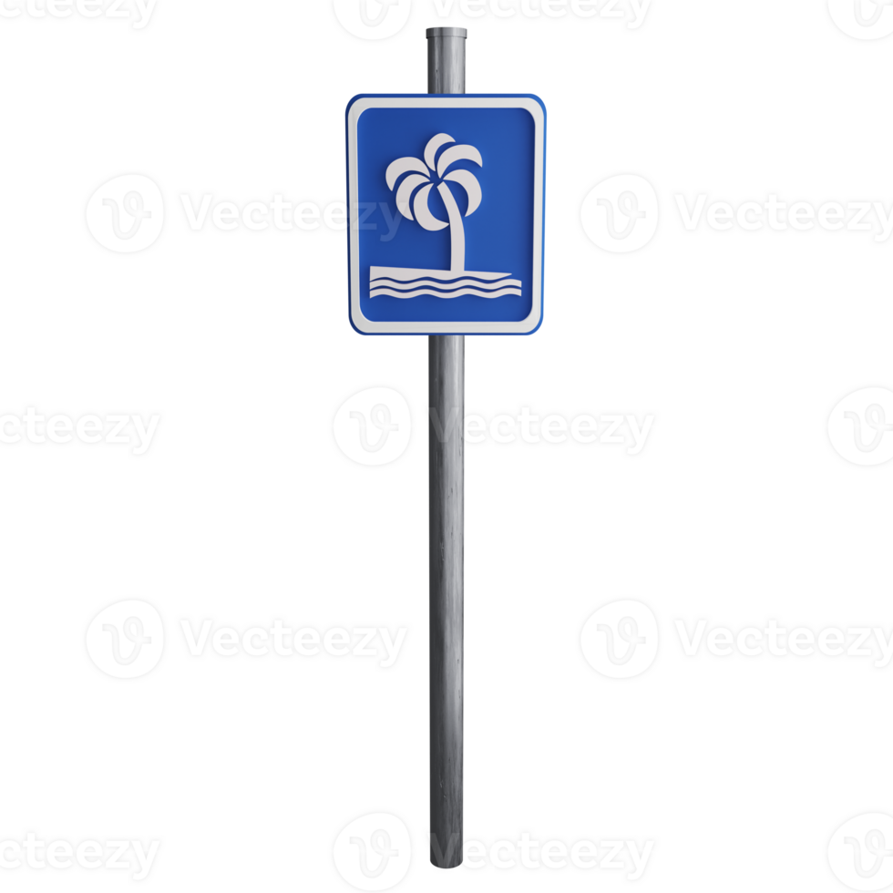 Beach sign on the road clipart flat design icon isolated on transparent background, 3D render road sign and traffic sign concept png