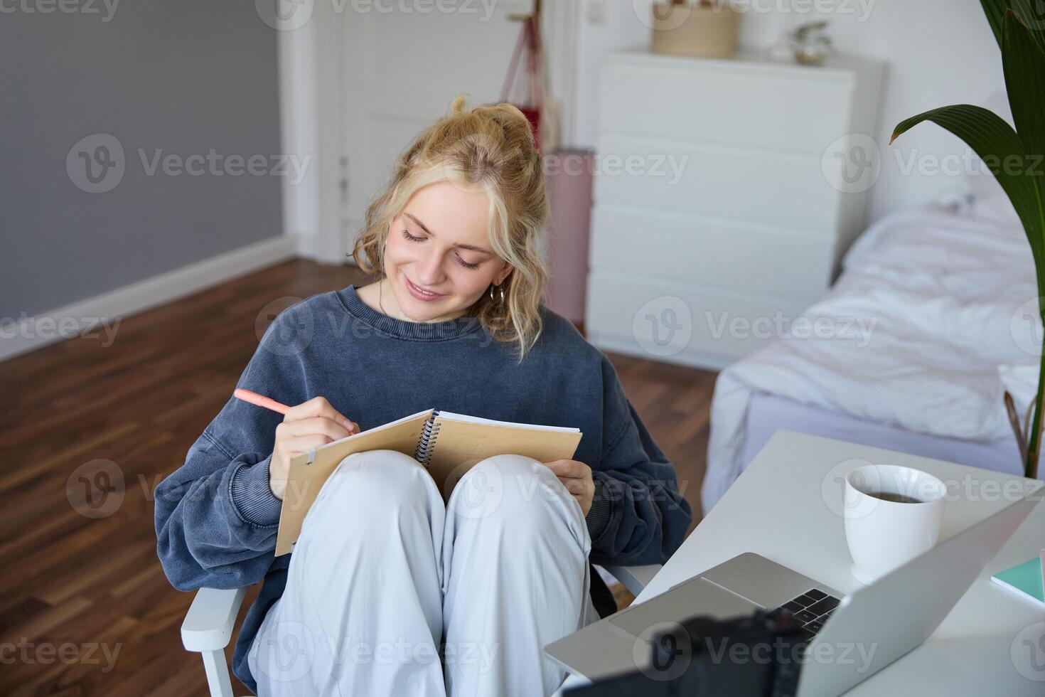 Portrait of cute, smiling young social media content creator, girl records on digital camera and stabiliser, holds notebook, talks to audience, vlogging in her room photo