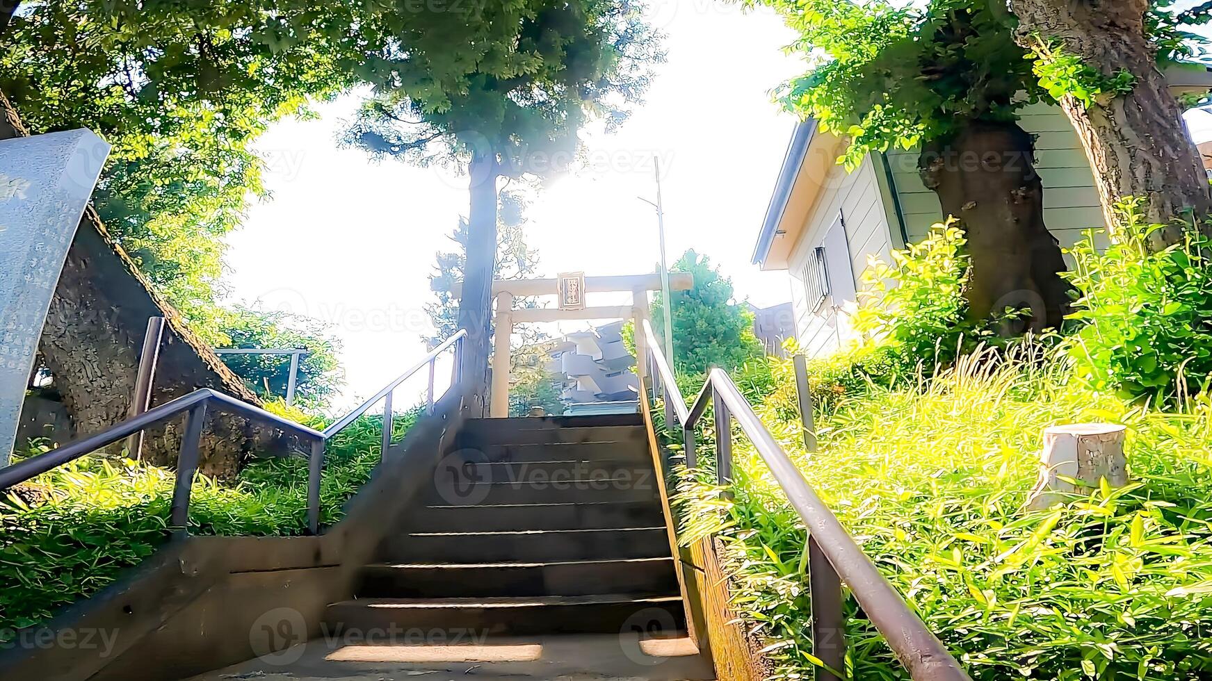 Roca pasos y torii portón a el Entrada de hikawadai suwa santuario, un santuario situado en hikawadai, nerima pabellón, tokio, Japón eso estaba fundado en el edo período foto