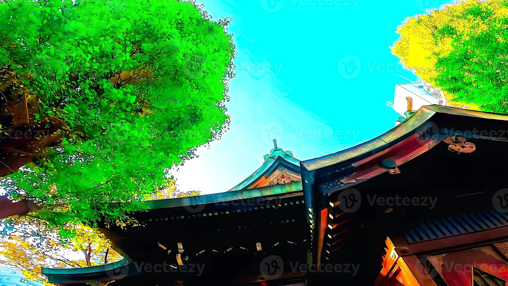 Blue sky and shrine roof Teppozu Inari Shrine,a shrine in Minato, Chuo-ku, Tokyo, Japan It was founded in 841, during the early Heian period, when the local residents learne photo
