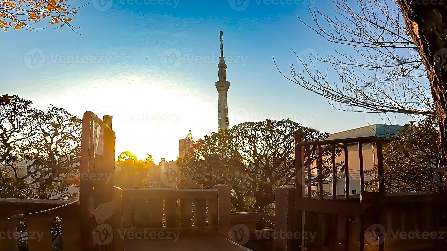 Sunrise and Tokyo Skytree Tower.A radio tower in Oshiage, Sumida Ward, Tokyo, Japan. Height 634m. Commercial facilities and office buildings are attached, making up Tokyo Skytree Town. photo