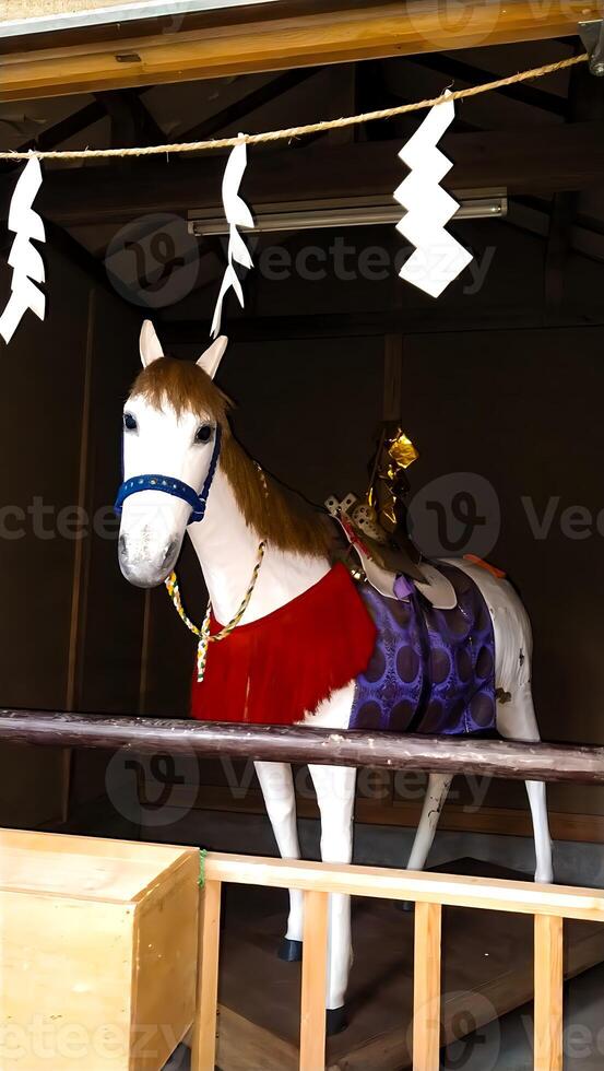 A white horse ornament dedicated to a shrine. A horse considered sacred as a horse ridden by gods. A horse that is dedicated to a Japanese shrine or appears during festivals. photo