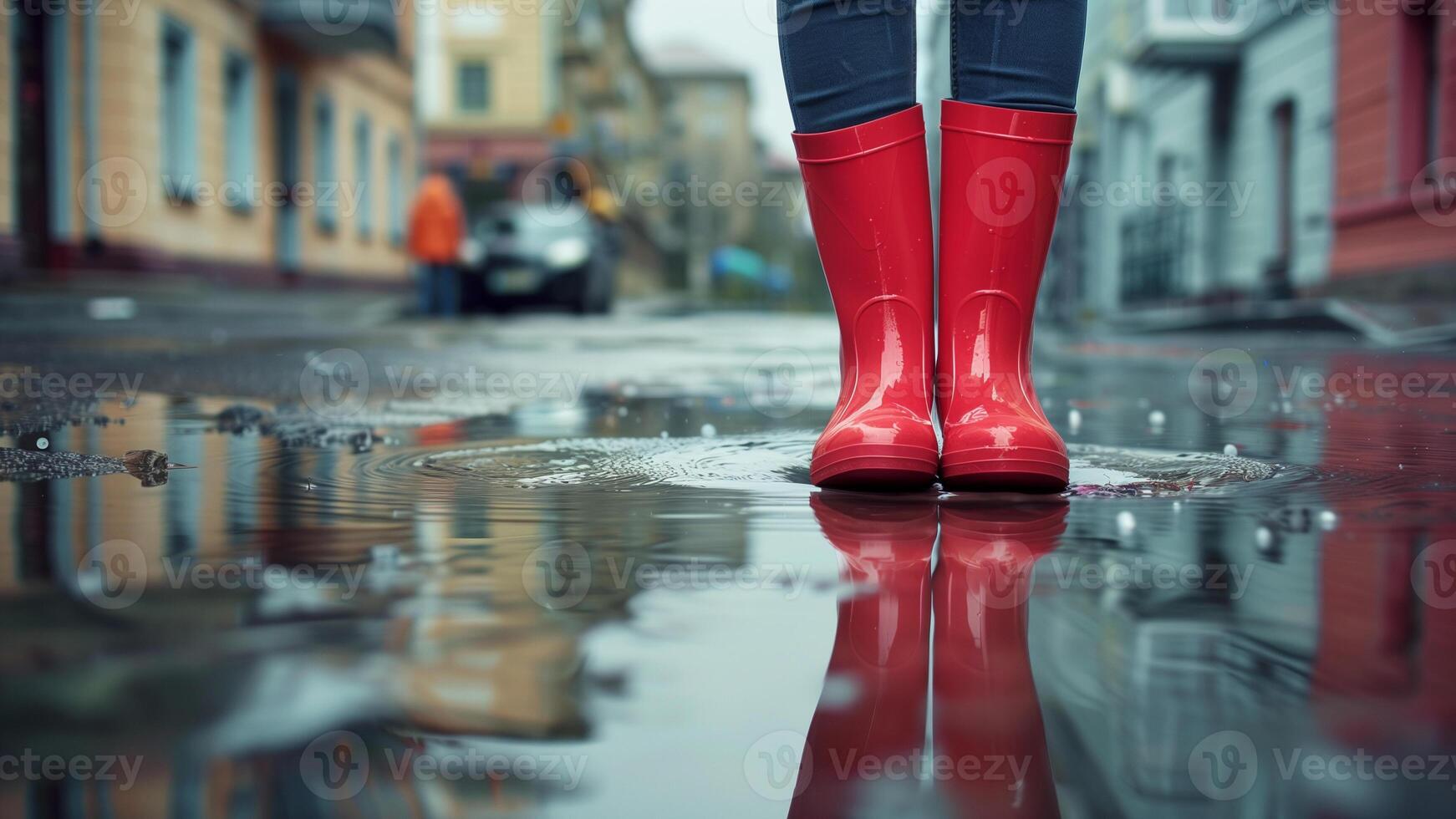 a woman wearing red rain boots stands on a wet sidewalk photo