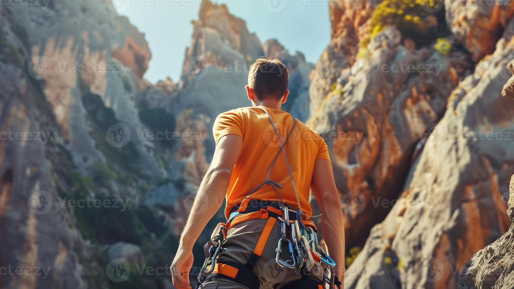 a man equipped with climbing gear, standing before a towering rock in the mountains photo