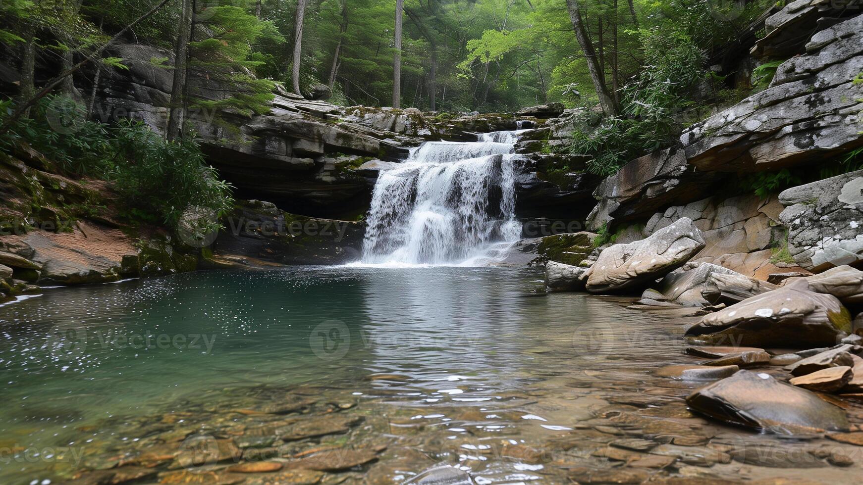 a waterfall is in the woods with a waterfall in the background photo