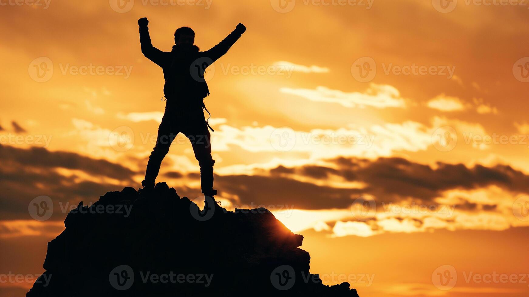 Silhouette of a man with raised hands on top of a mountain at sunset photo