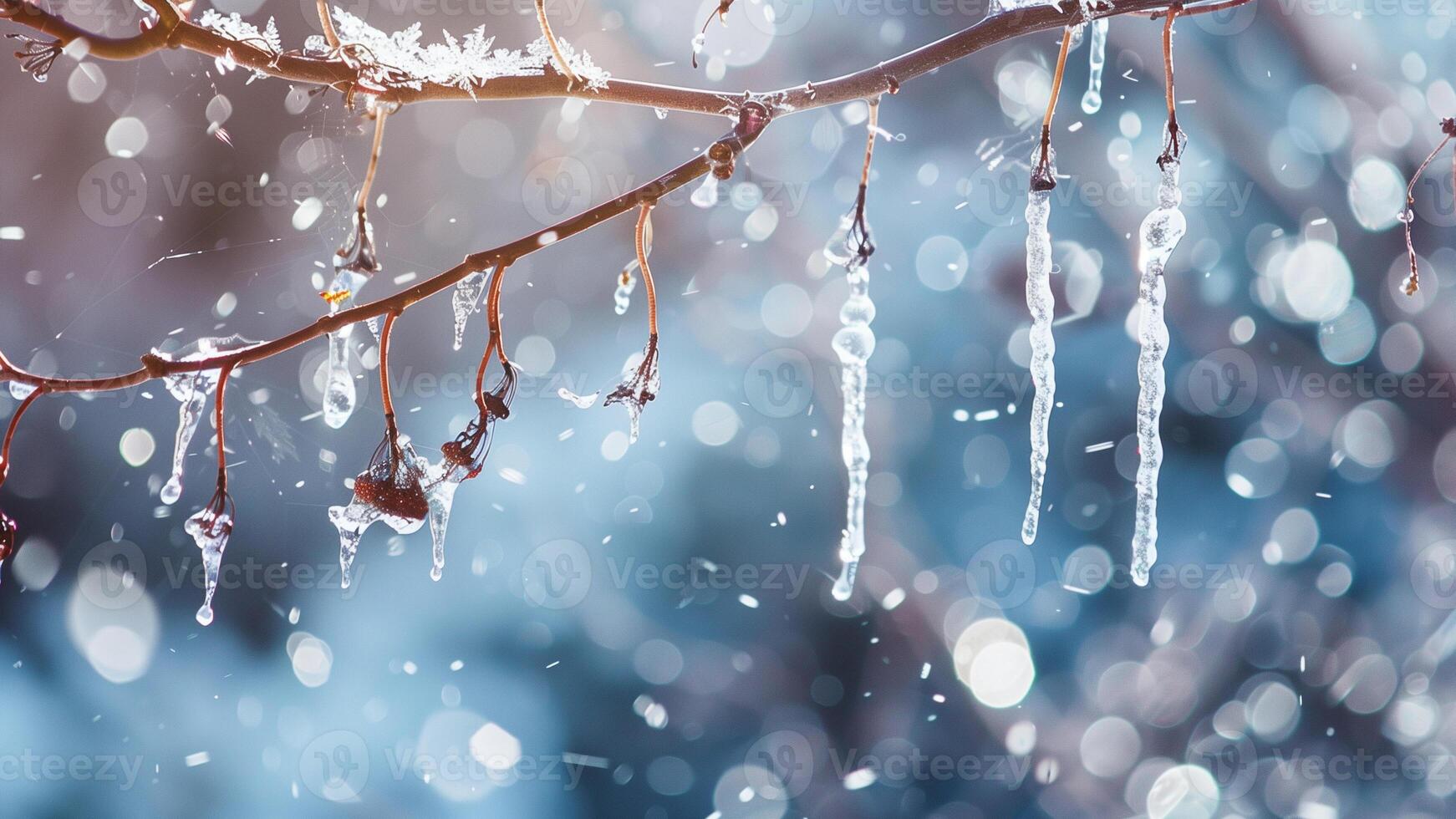 Frozen tree branches with snowflakes and ice crystals in winter photo