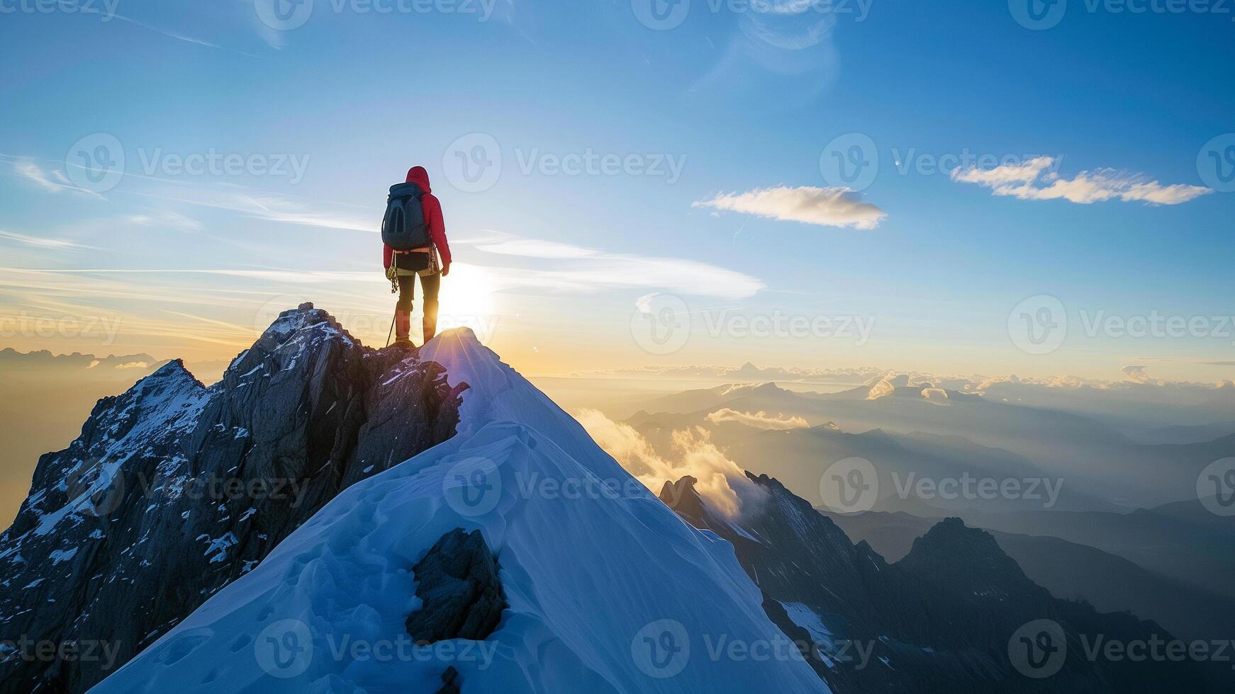 Hiker standing on top of a mountain and enjoying the view of the sunrise photo