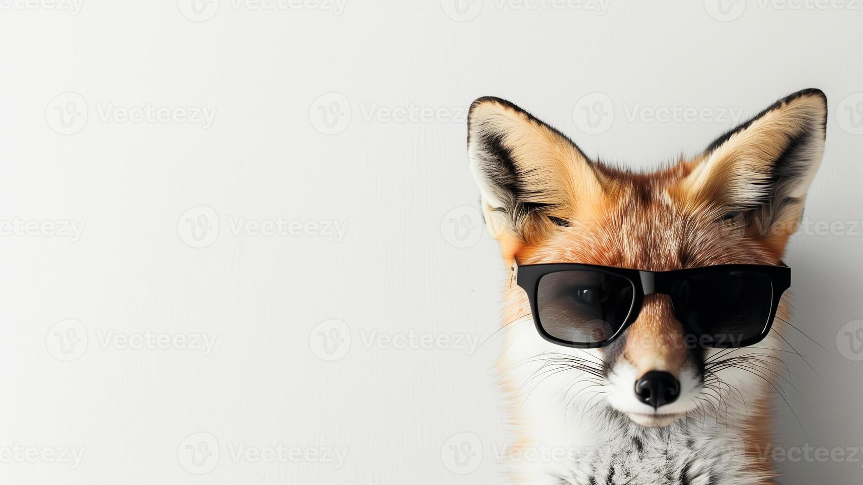 red fox wearing sunglasses on white background with copy space close up photo