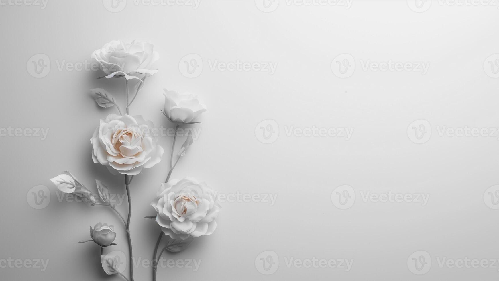 White roses on white background with copy space. Flat lay style. photo