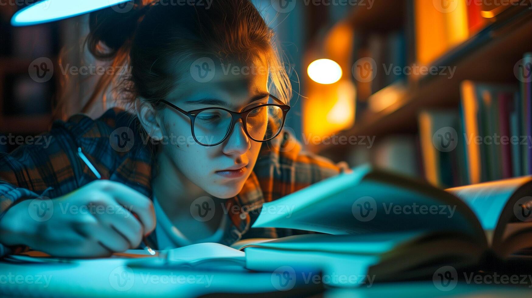 Schoolgirl doing homework in library at night. Education and knowledge concept. photo