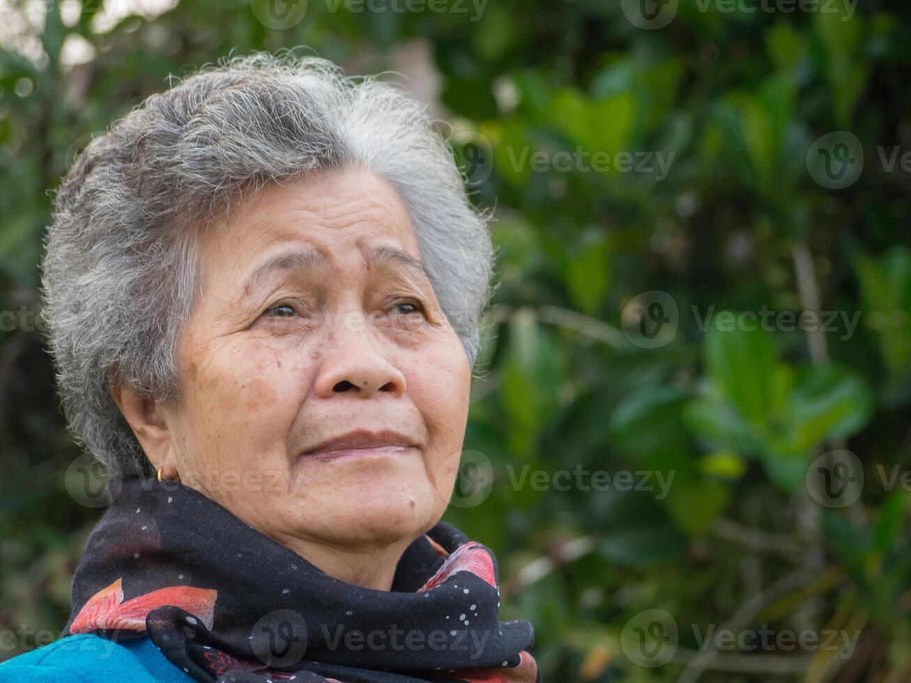 Portrait of an elderly Asian woman wearing a sweater, scarf, glasses, and looking up while standing in the garden. Space for text. Concept of aged people, winter season and healthcare photo