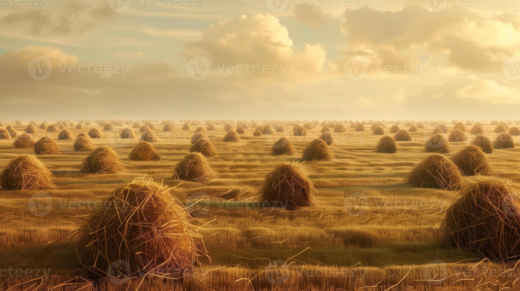 AI generated Vast endless field with haystacks. Generated by artificial intelligence. photo