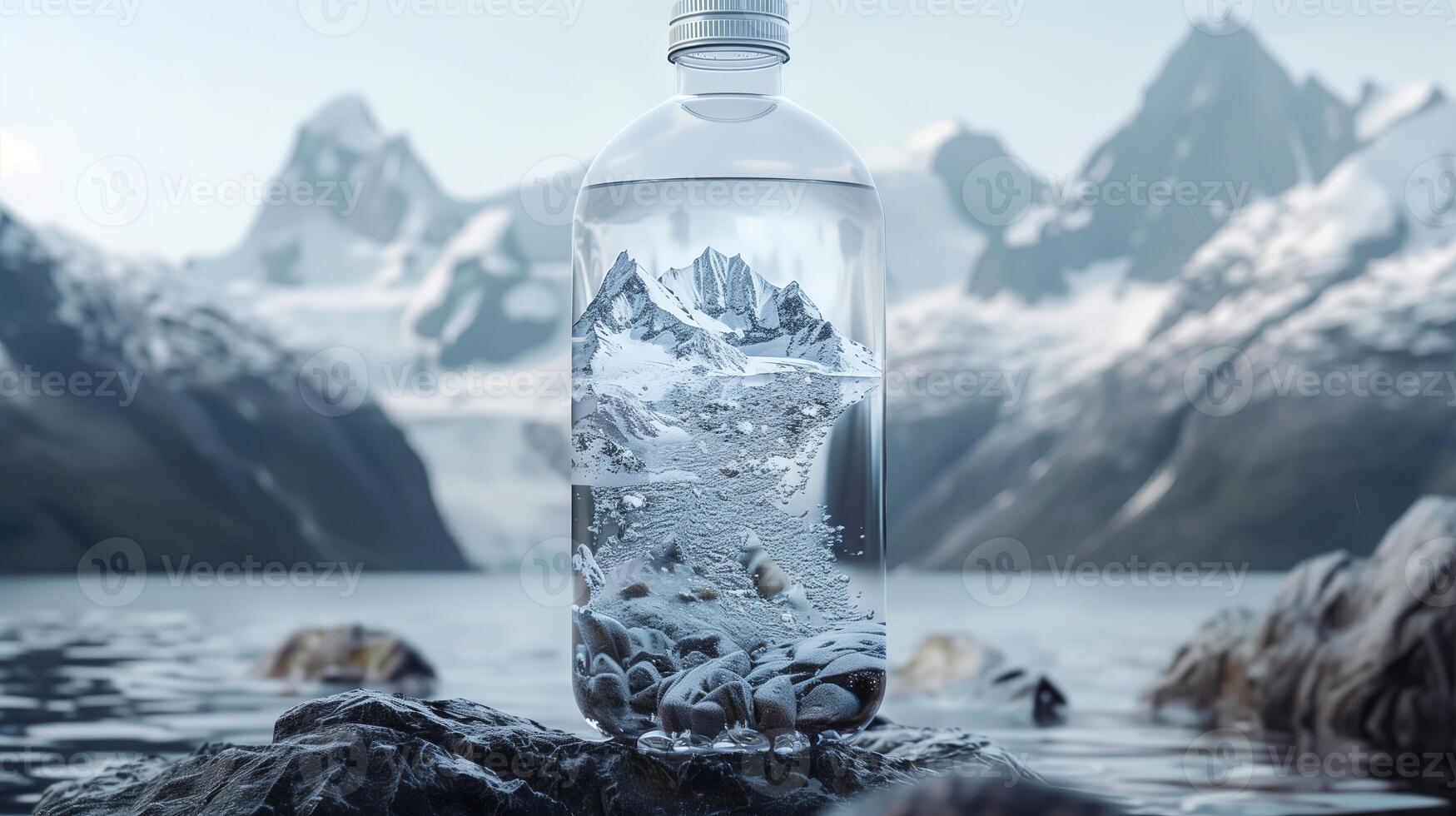 AI generated A bottle of water against the backdrop of a mountain river. Generated by artificial intelligence. photo