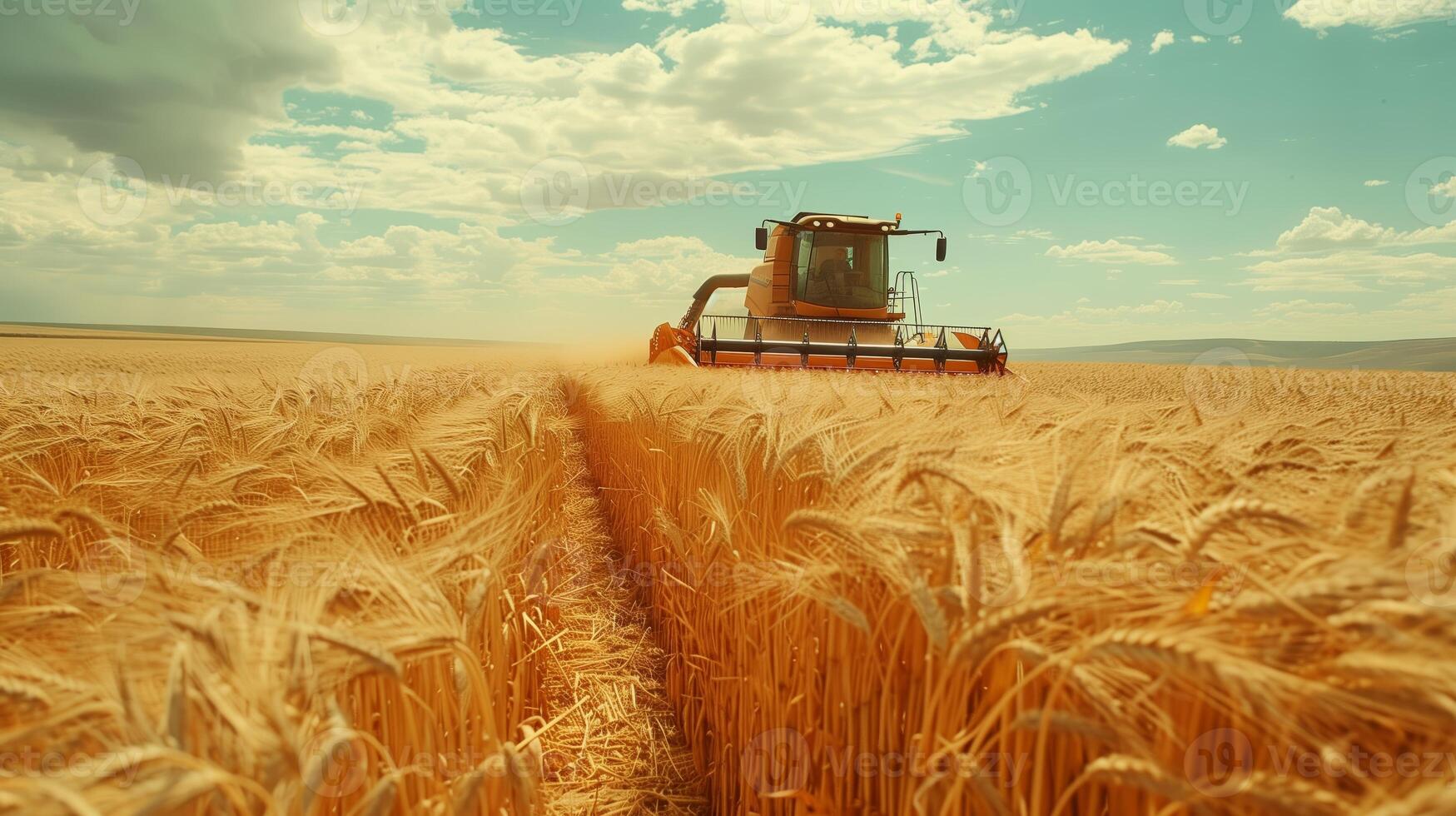 ai generado foto de segador trabajando en un trigo campo. generado por artificial inteligencia.