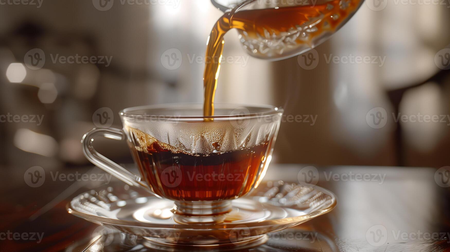AI generated A cup of black coffee. Coffee being poured into the glass crystal cup. Generated by artificial intelligence. photo