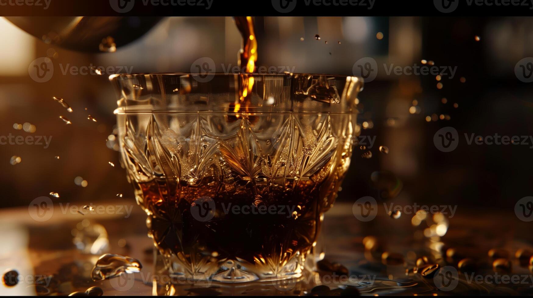 AI generated A cup of black coffee. Coffee being poured into the glass crystal cup. Generated by artificial intelligence. photo