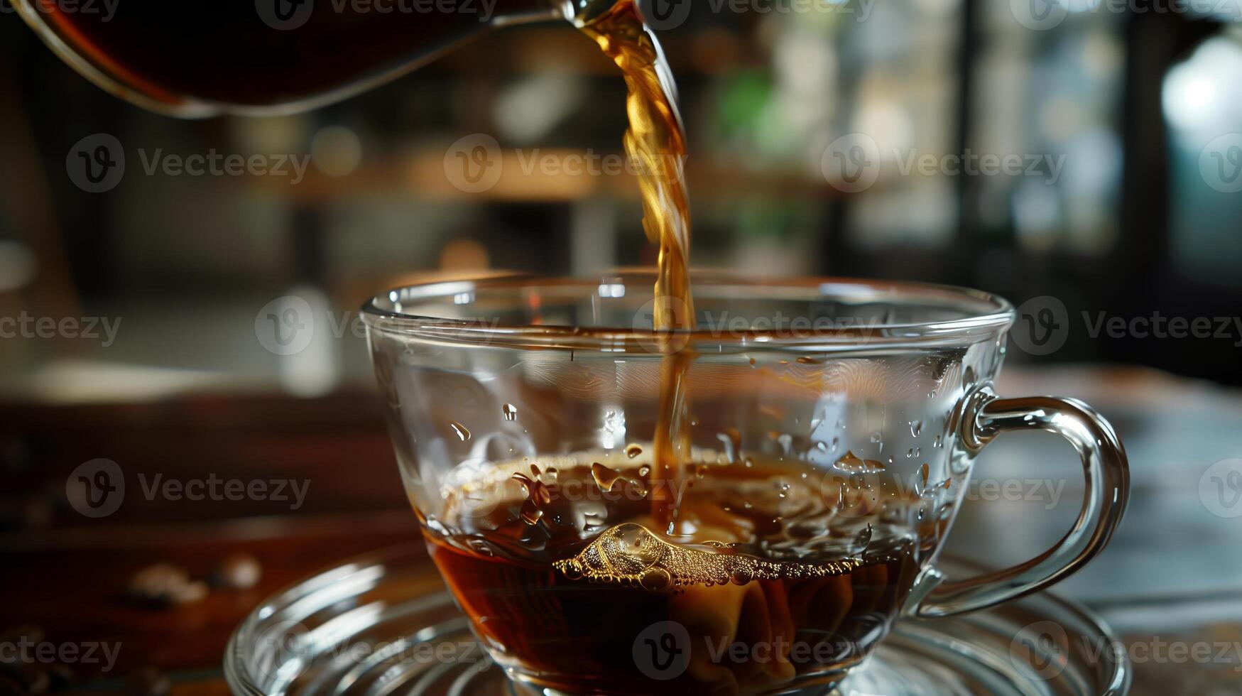 AI generated A cup of black coffee. Coffee being poured into the glass crystal cup. Generated by artificial intelligence. photo
