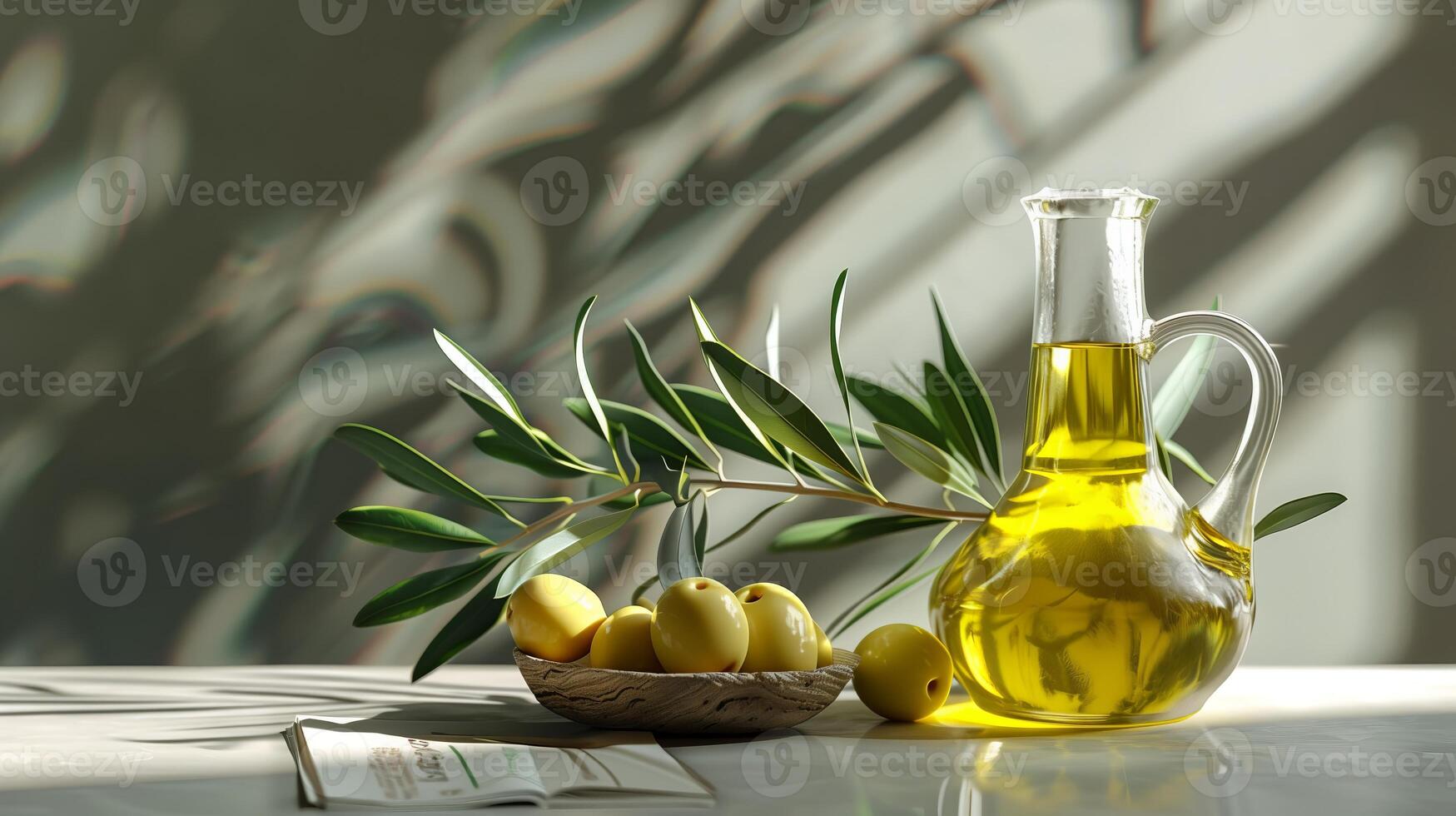 AI generated The green olives and olive oil with simple clear background. Generated by artificial intelligence. photo