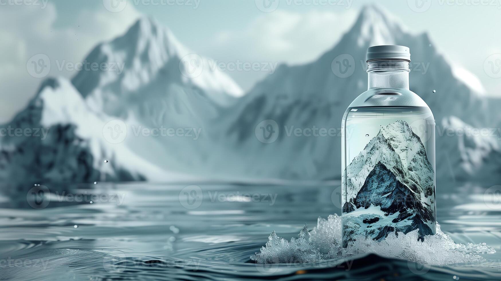 AI generated A bottle of water against the backdrop of a mountain river. Generated by artificial intelligence. photo