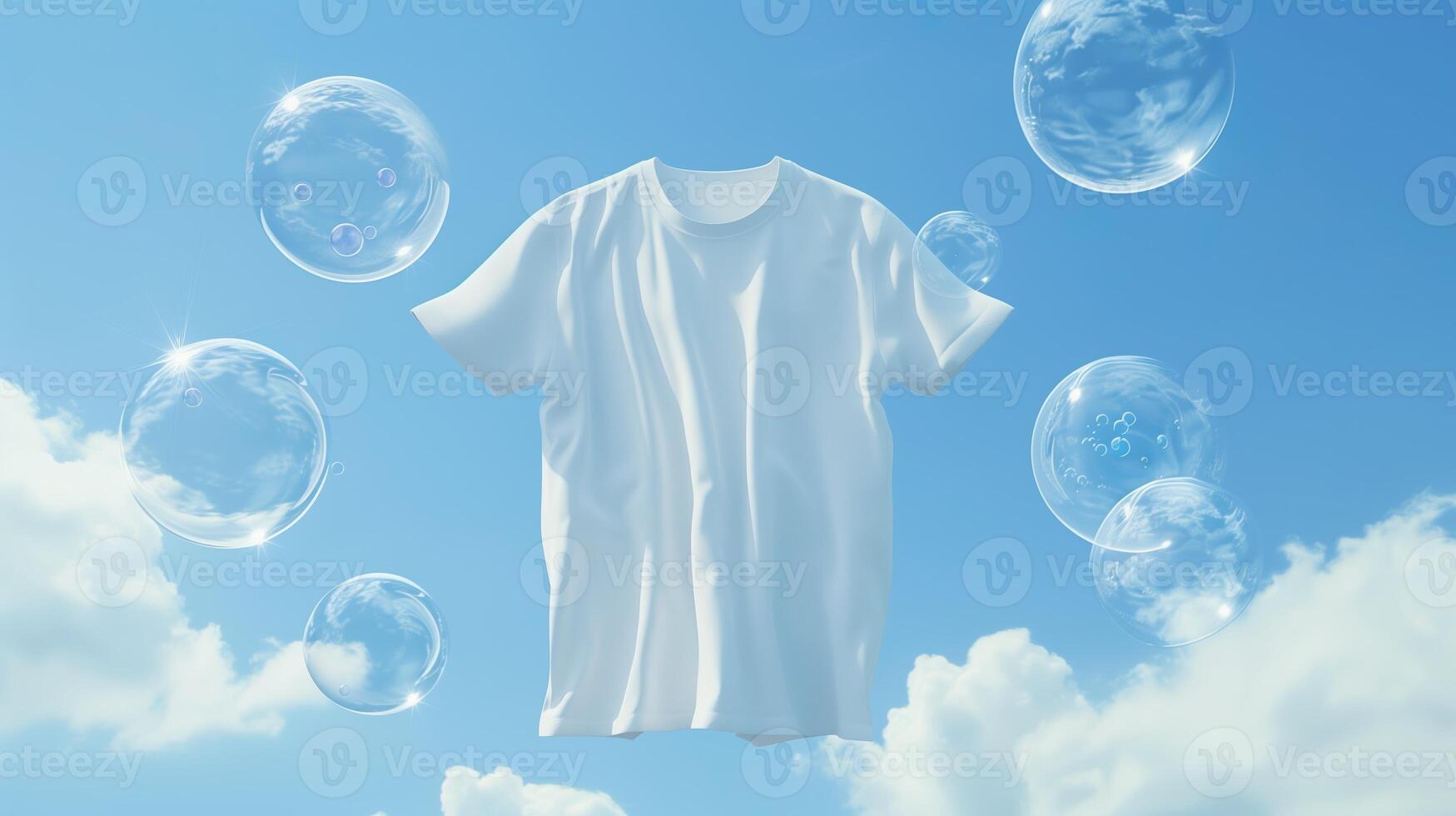 AI generated A white t-shirt floats in the air, surrounded by transparent bubbles on a light sky blue backgrounds. Generated by artificial intelligence. photo