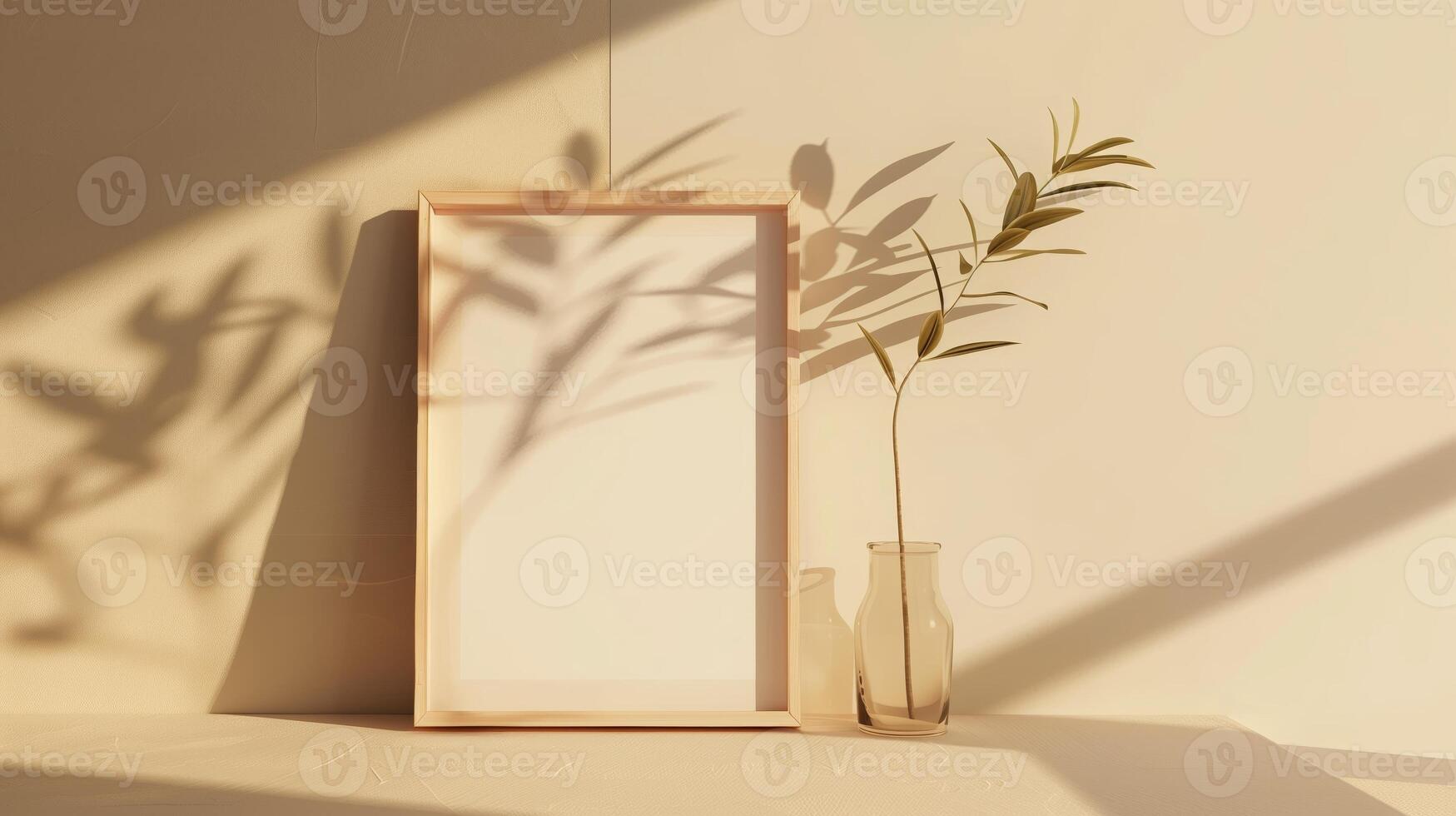 AI generated The photo frame without photo inside. Minimalist style, clean light beige background, some stylish greenery. Generated by artificial intelligence.