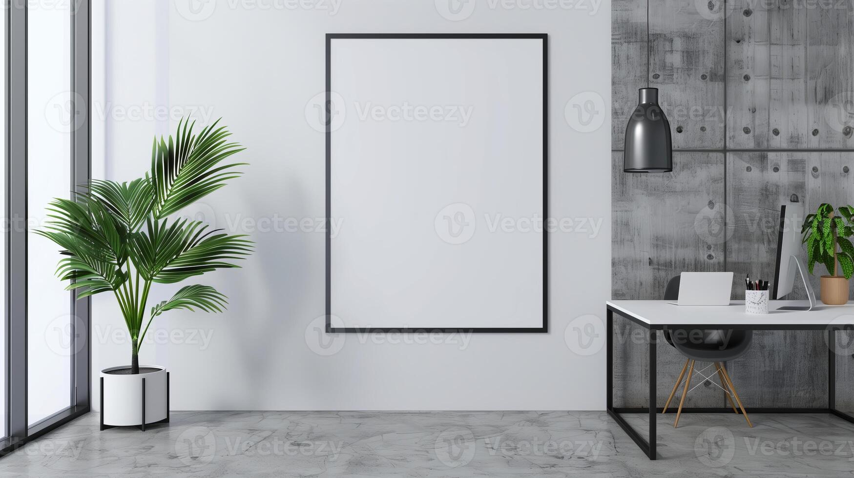 AI generated Mock up of large blank square frame for poster in the modern minimalistic office. Generated by artificial intelligence. photo