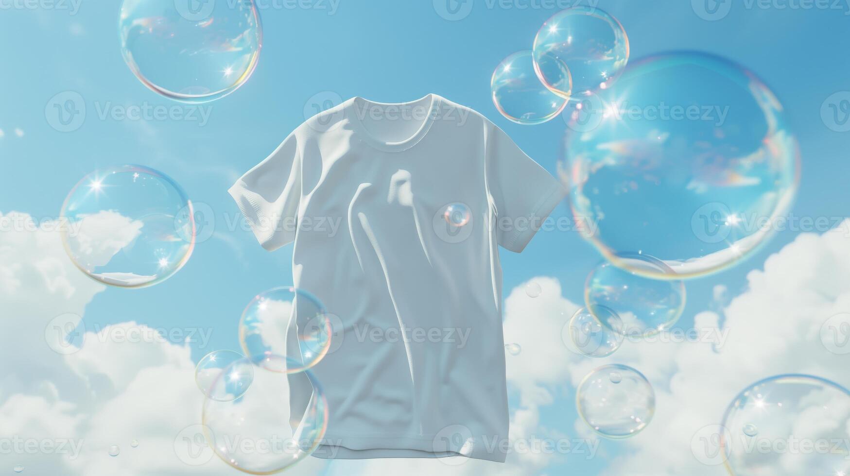 AI generated A white t-shirt floats in the air, surrounded by transparent bubbles on a light sky blue backgrounds. Generated by artificial intelligence. photo