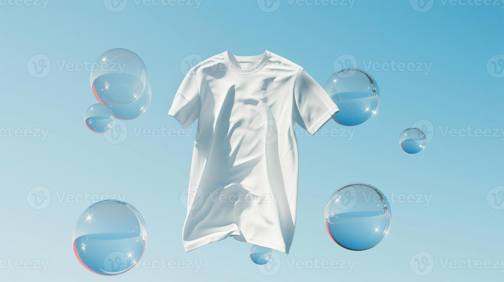 AI generated A white t-shirt floats in the air, surrounded by transparent bubbles on a light sky blue backgrounds. Generated by artificial intelligence. photo