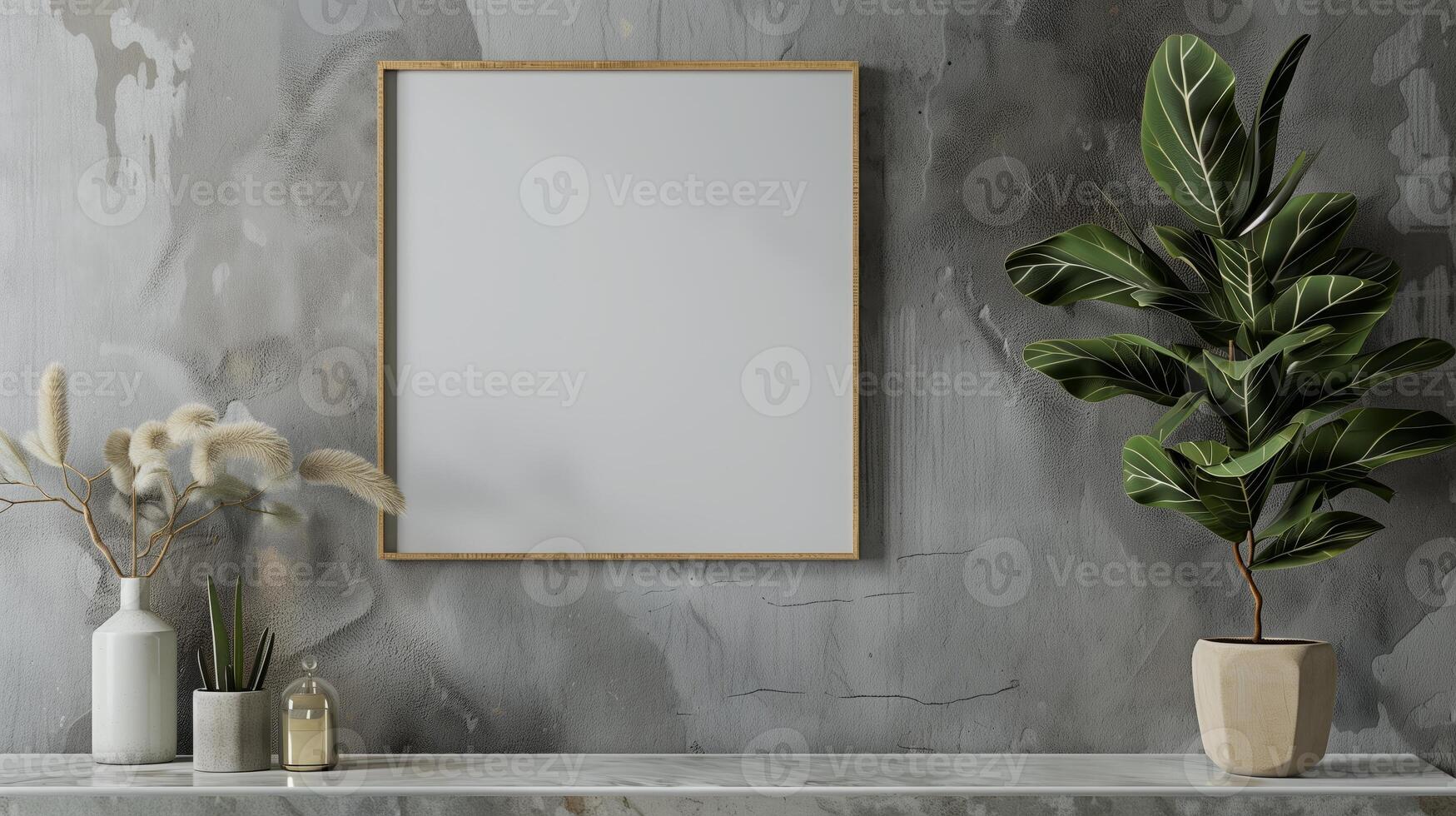 AI generated An empty rectangle frame mockup from oak wood in a  beautiful gray room. Generated by artificial intelligence. photo