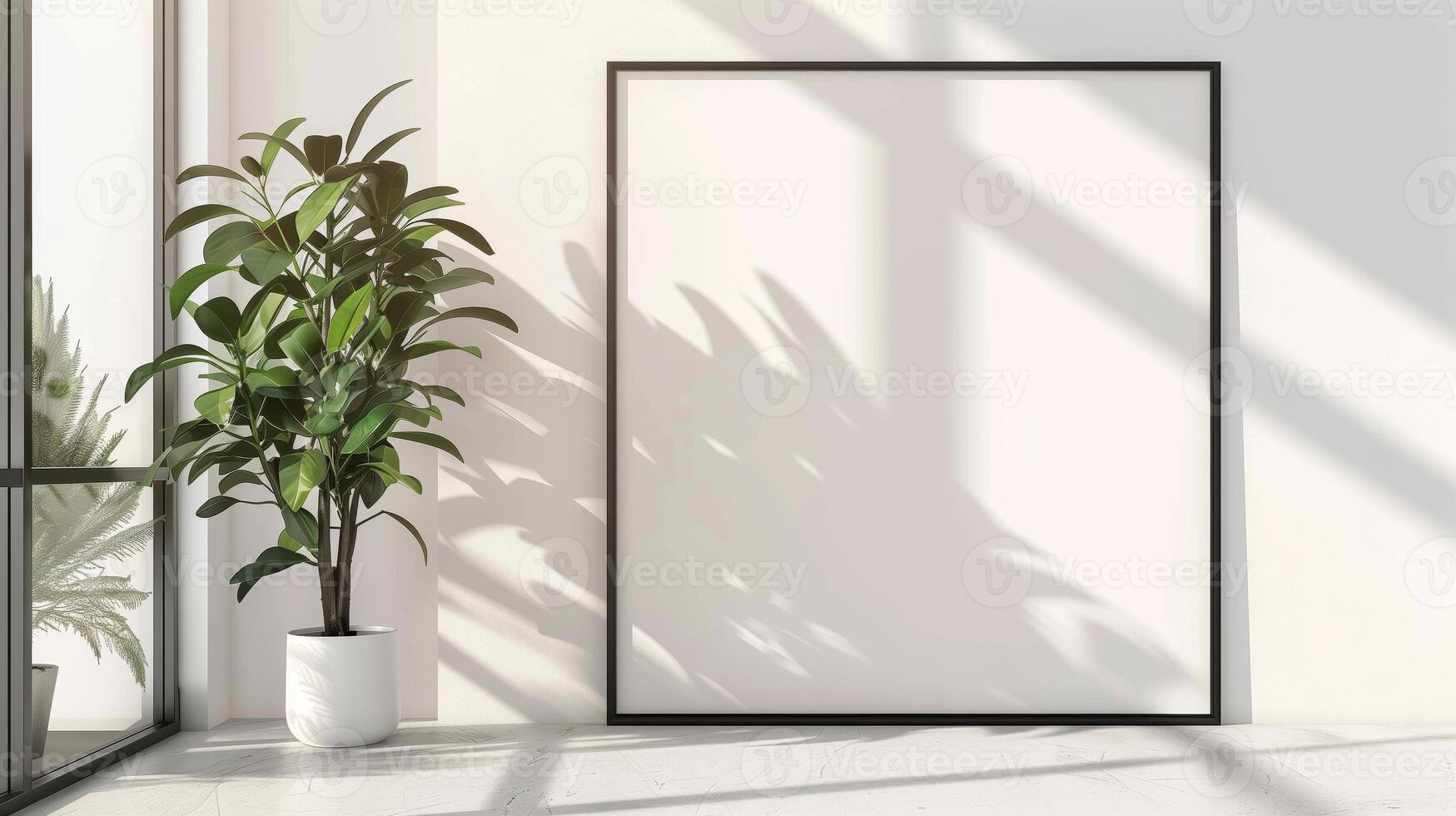AI generated Mock up of large blank square frame for poster in the modern minimalistic office. Generated by artificial intelligence. photo