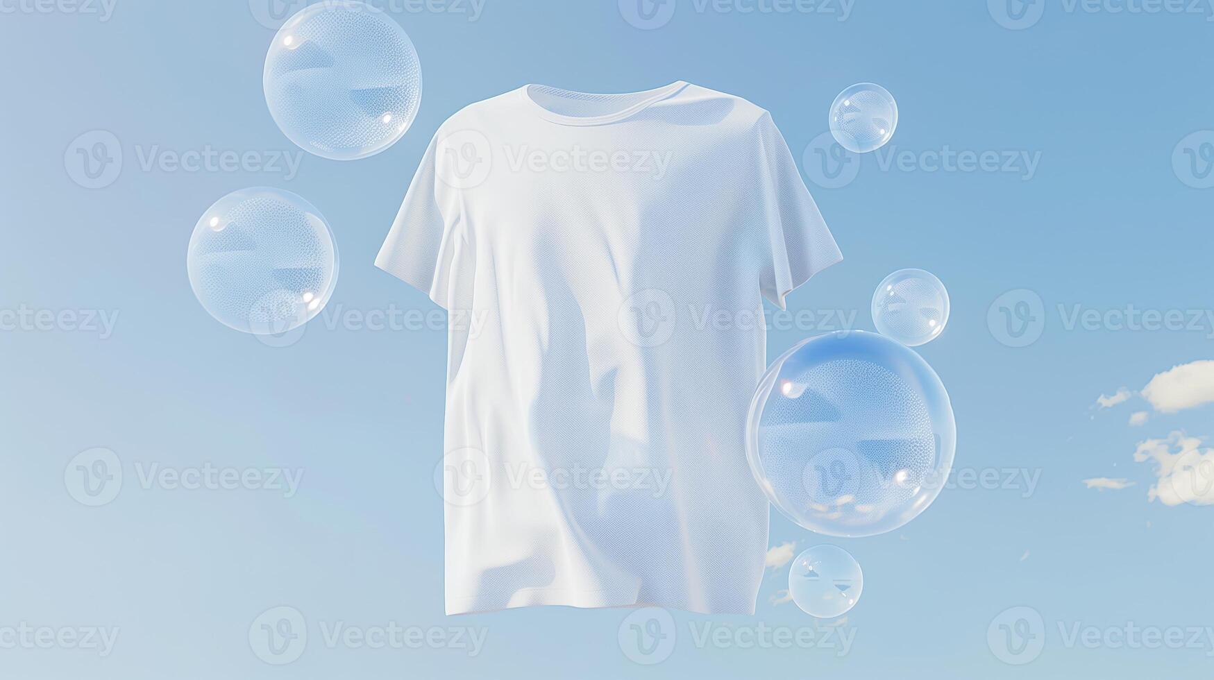 AI generated A white t-shirt floats in the air, surrounded by transparent bubbles on a light sky blue backgrounds. Generated by artificial intelligence. photo