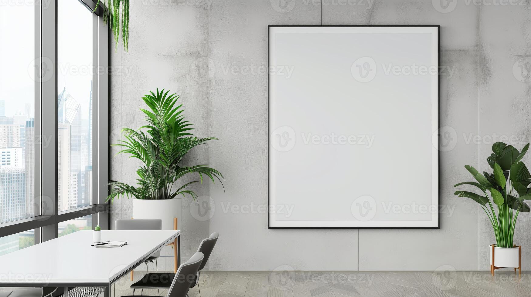 AI generated Mock up of large blank square frame for poster in the modern minimalistic office. Generated by artificial intelligence. photo