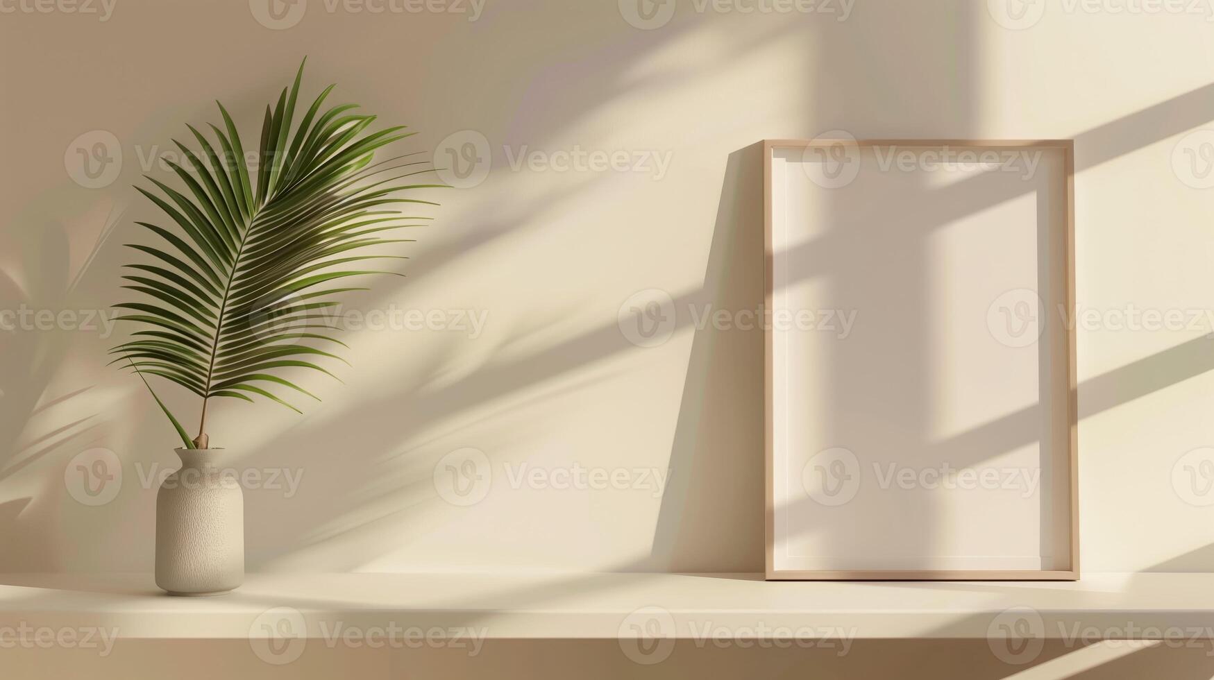 AI generated The photo frame without photo inside. Minimalist style, clean light beige background, some stylish greenery. Generated by artificial intelligence.