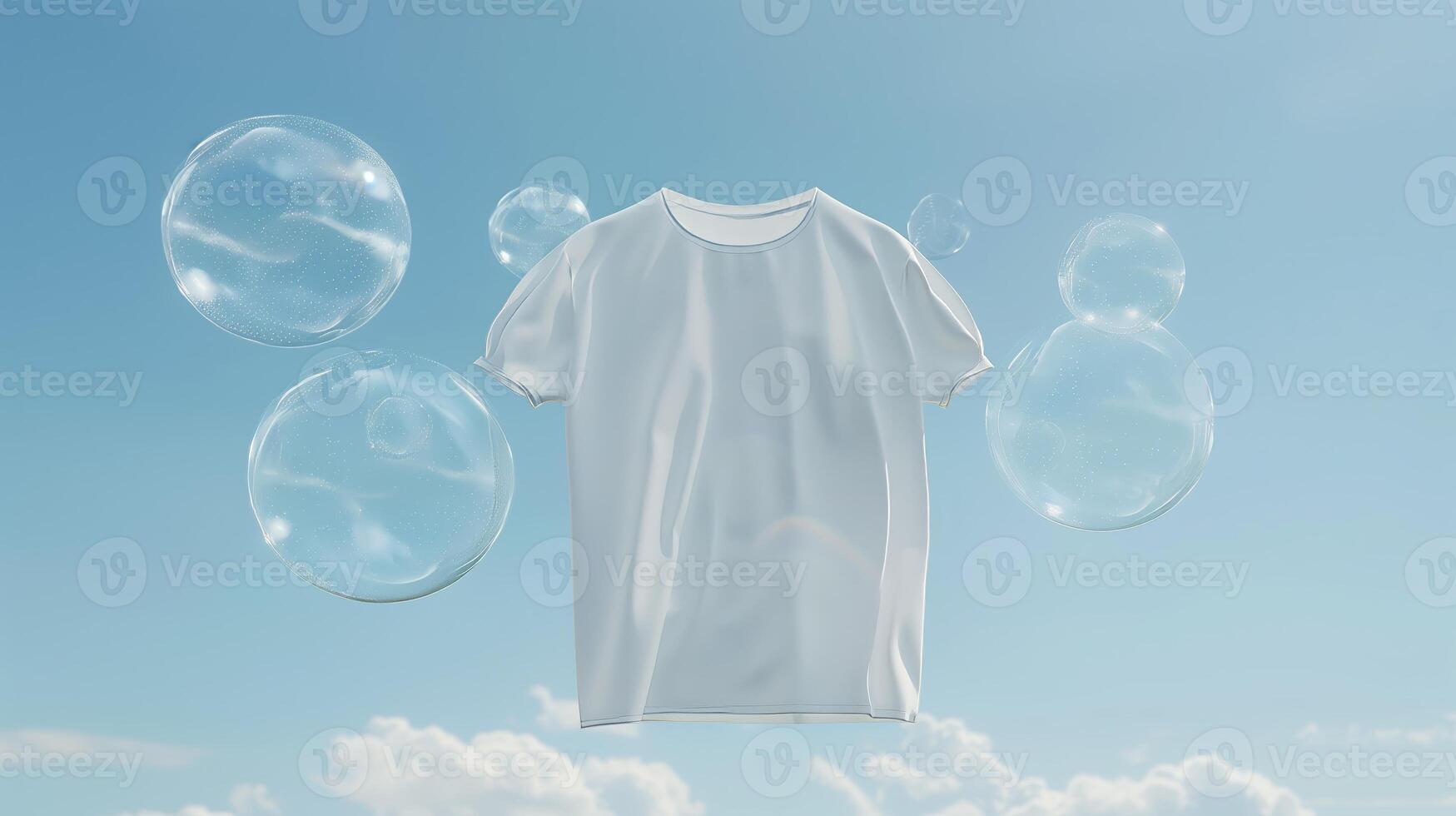 AI generated A white t-shirt floats in the air, surrounded by transparent bubbles on a light sky blue backgrounds. Generated by artificial intelligence. photo