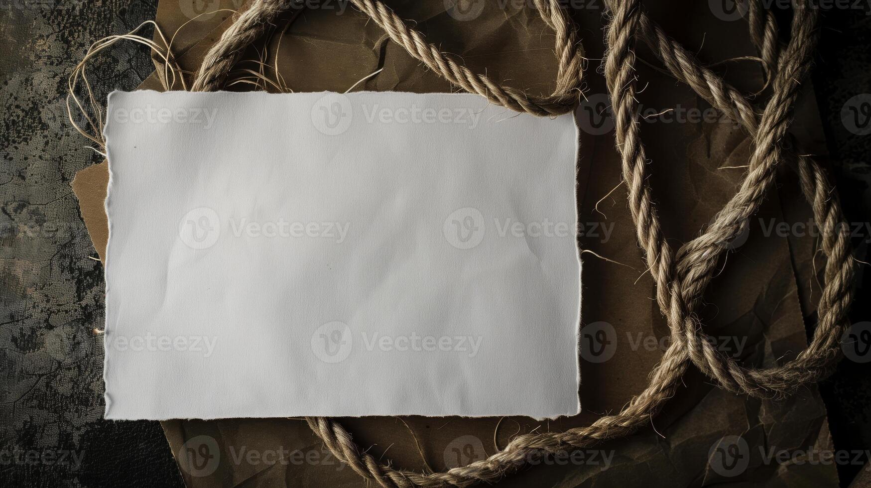 AI generated A top view of blank slip of paper with thin rope on the table. Generated by artificial intelligence. photo