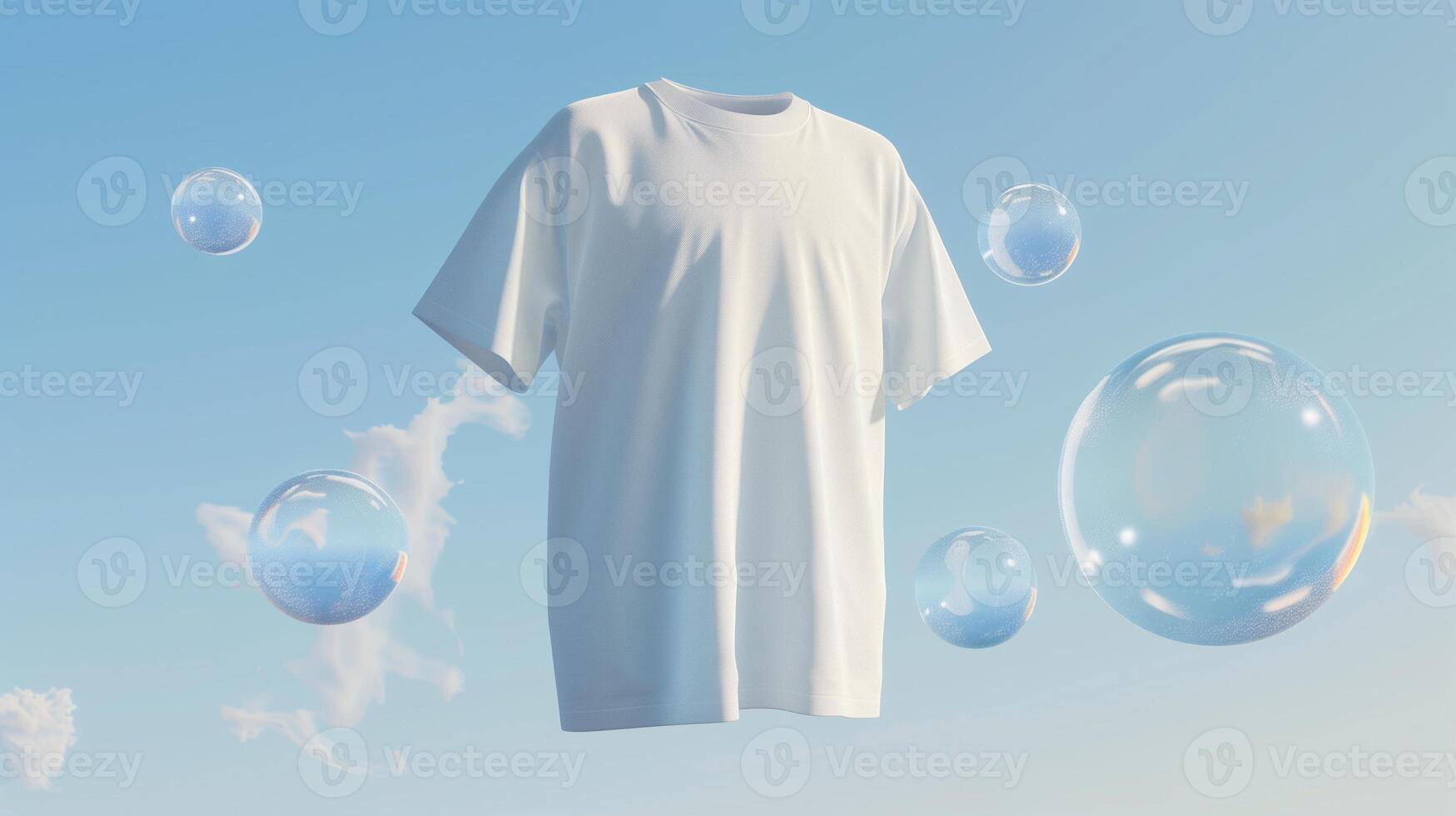AI generated A white t-shirt floats in the air, surrounded by transparent bubbles on a light sky blue backgrounds. Generated by artificial intelligence. photo