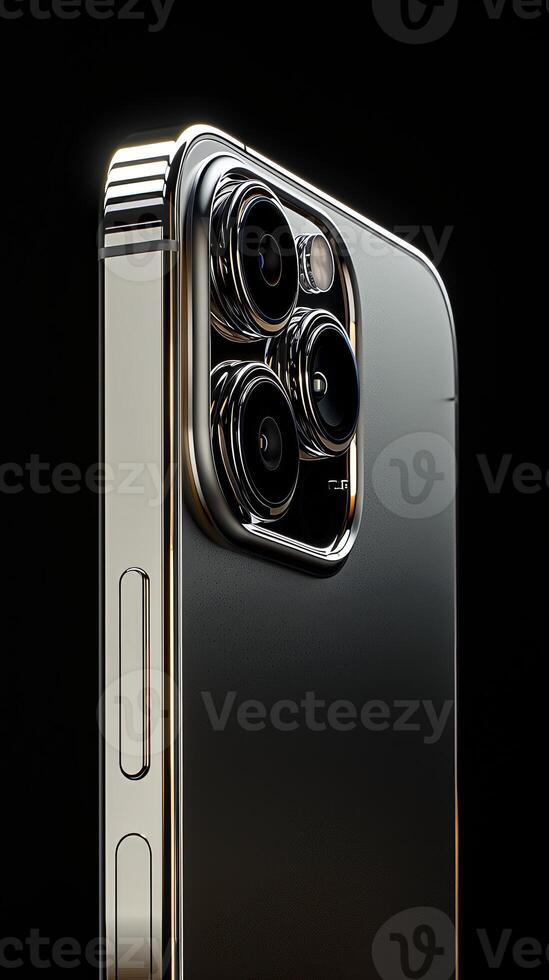 AI generated A portrait shot of the IPhone 15 showcasing its titanium frame, side view, spotlight, black background. Generated by artificial intelligence. photo