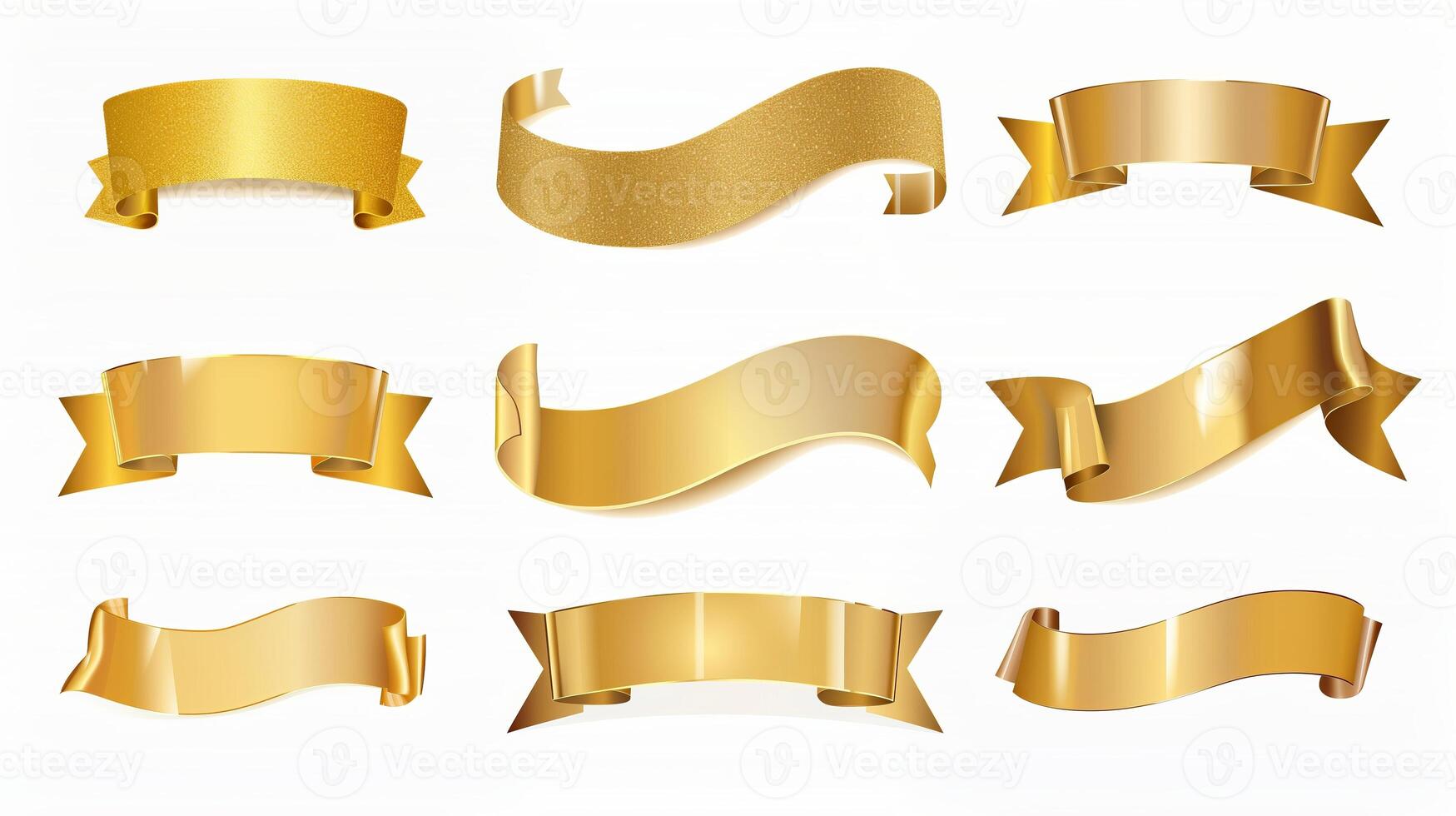 AI generated Set of gold banner label ribbons with white background. Generated by artificial intelligence. photo