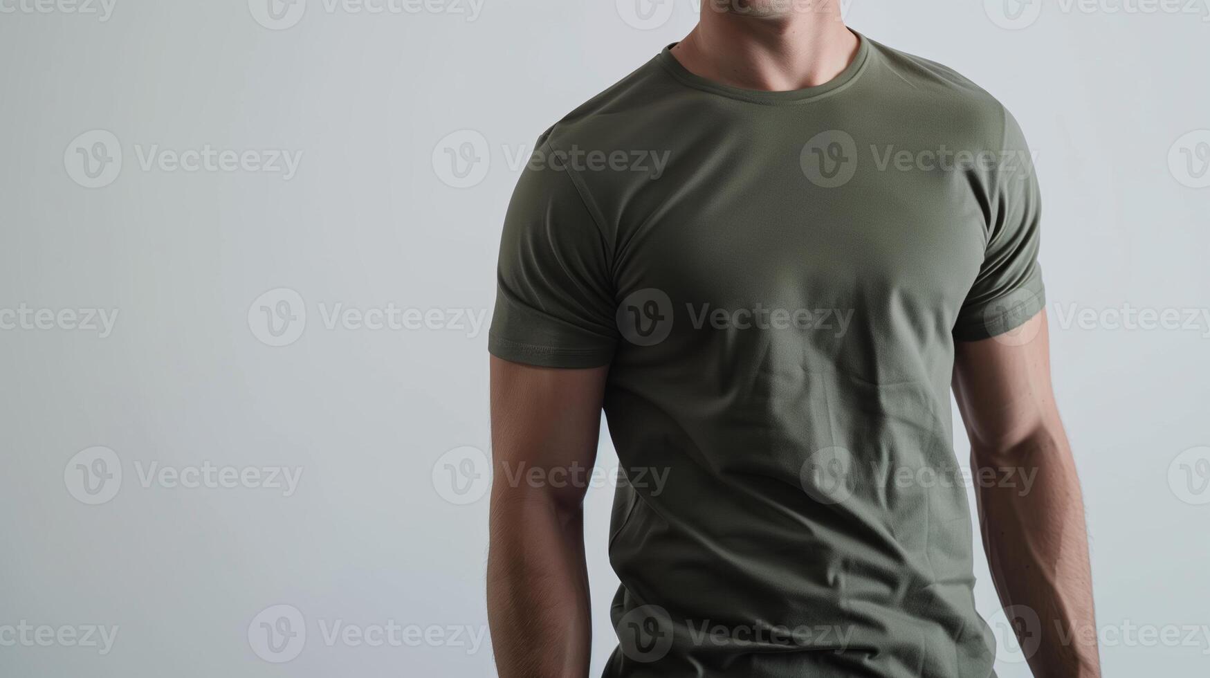 AI generated A mockup of the front view t-shirt, wearing by an athletic man in military green color. Man standing against white blank background. Generated by artificial intelligence. photo