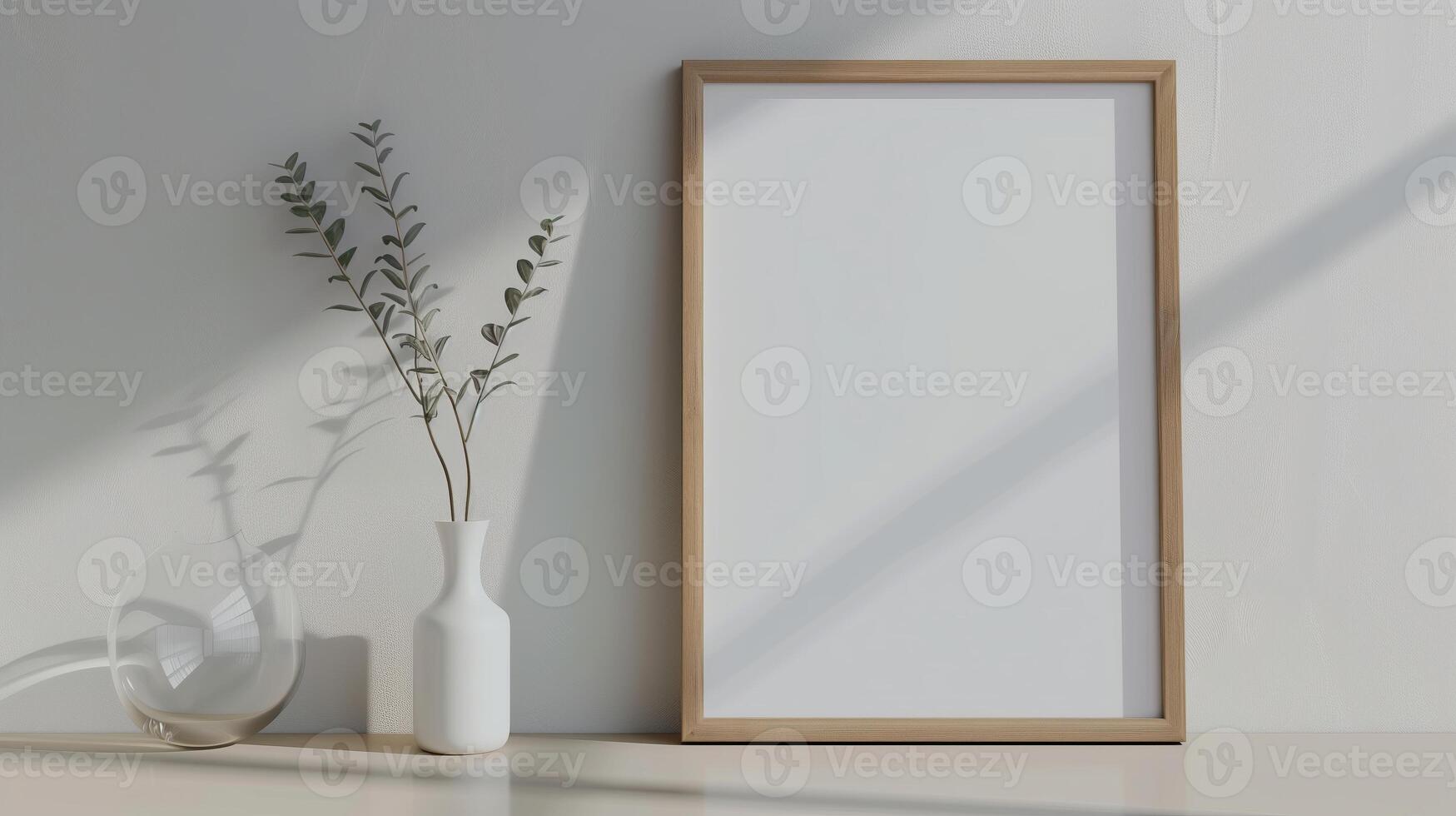 AI generated An empty rectangle frame mockup from oak wood in a  beautiful gray room. Generated by artificial intelligence. photo