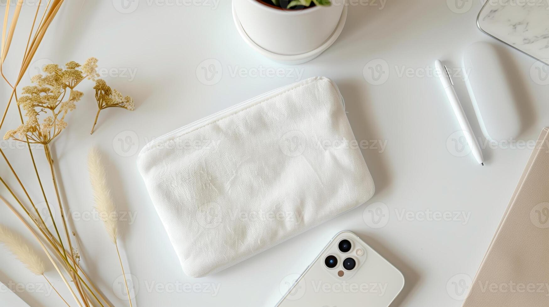 AI generated Top view of a white velvet pouch lies on a white desk, with an iPhone next to it. Generated by artificial intelligence. photo