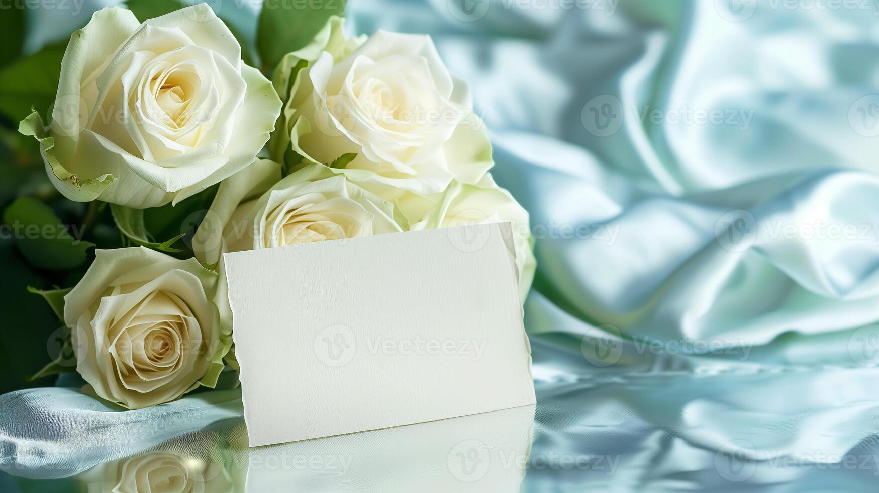 AI generated A bouquet of big and beautiful white roses with an empty white card for writing placed in front of the flowers on shining light-blue silk fabric. Generated by artificial intelligence. photo