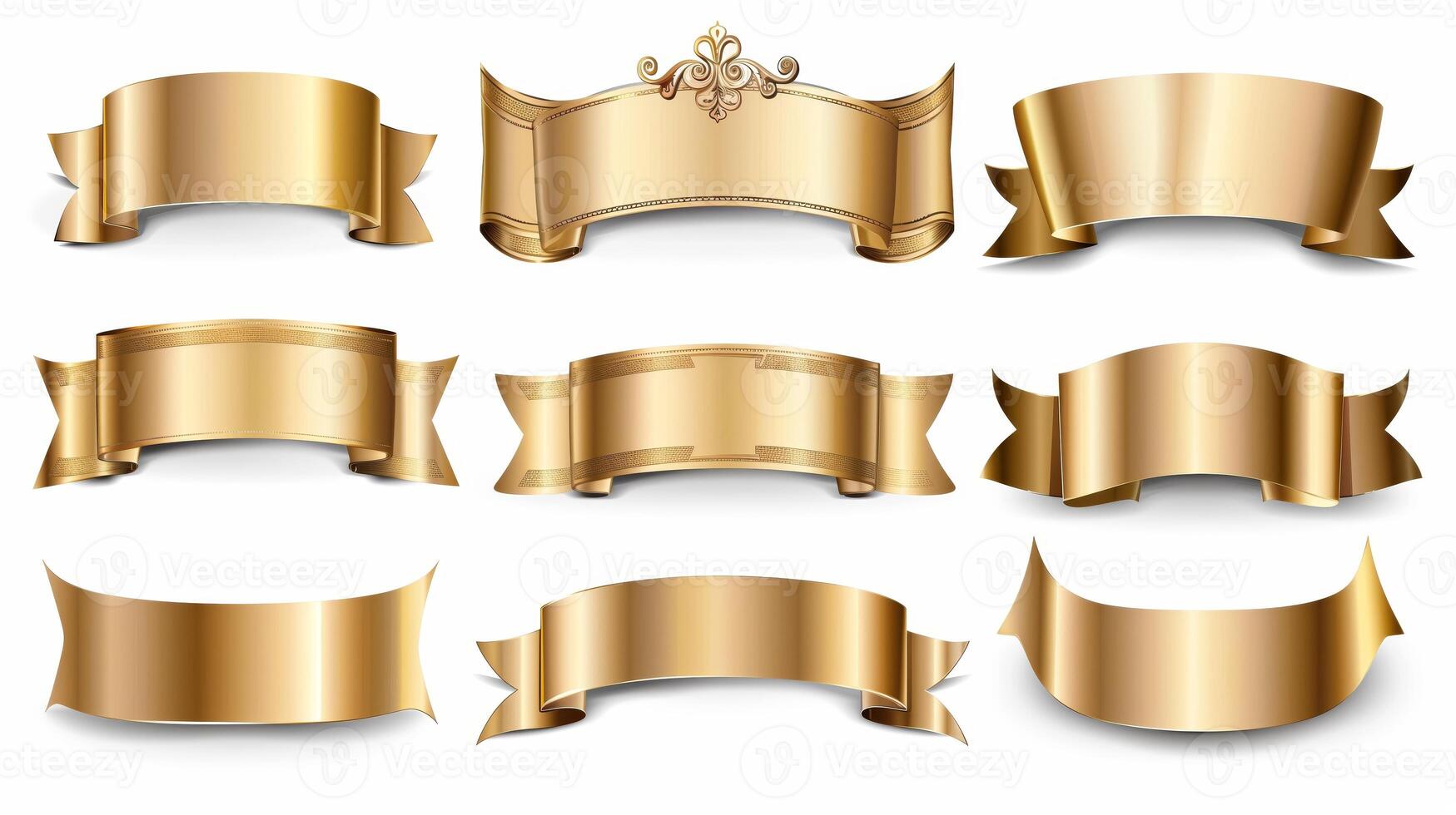 AI generated Set of gold banner label ribbons with white background. Generated by artificial intelligence. photo