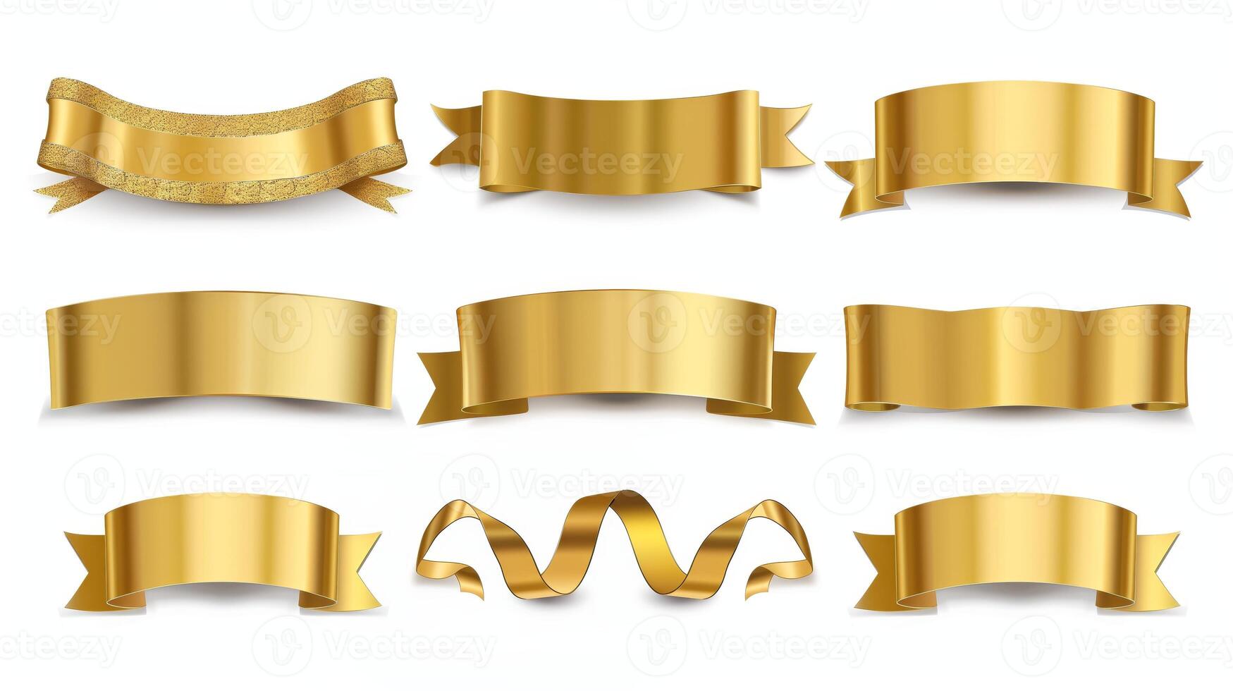 AI generated Set of gold banner label ribbons with white background. Generated by artificial intelligence. photo