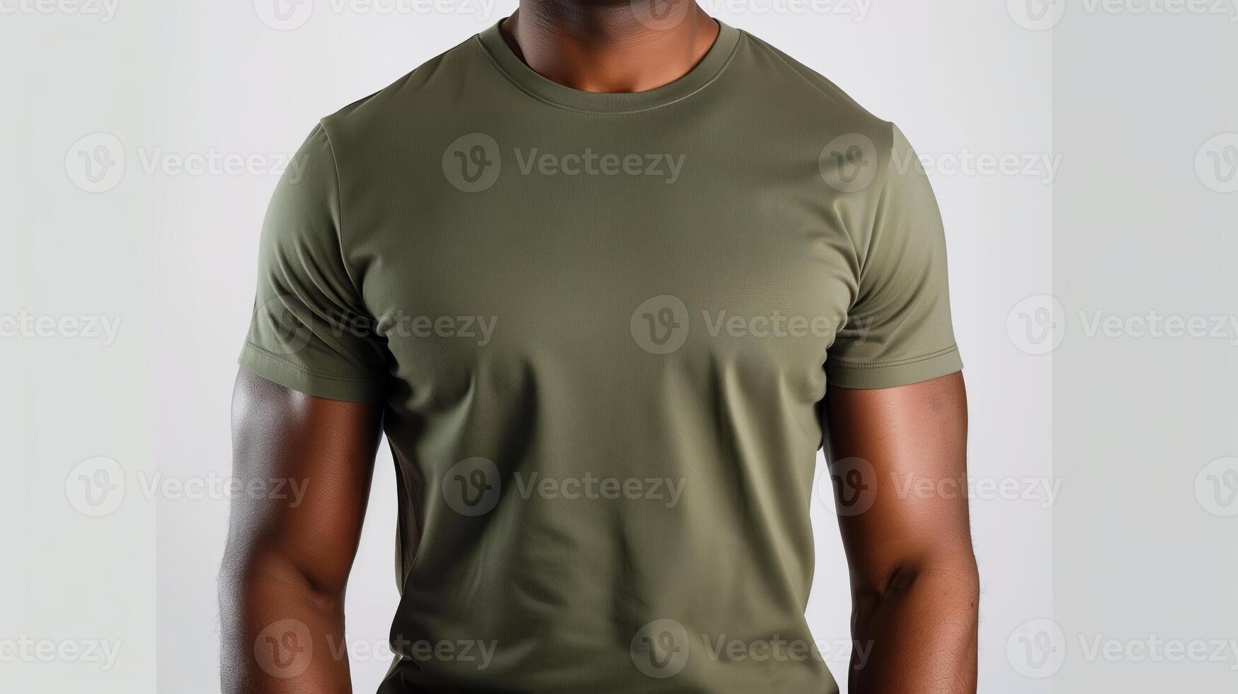 AI generated A mockup of the front view t-shirt, wearing by an athletic man in military green color. Man standing against white blank background. Generated by artificial intelligence. photo